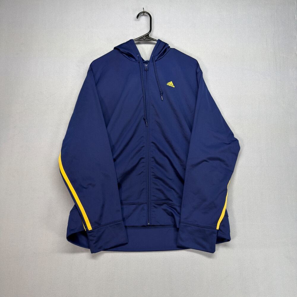 Vintage Adidas Hoodie Mens XL Blue Zip Up 3 Stripe Yellow Track Jacket Y2K - Picture 1 of 9